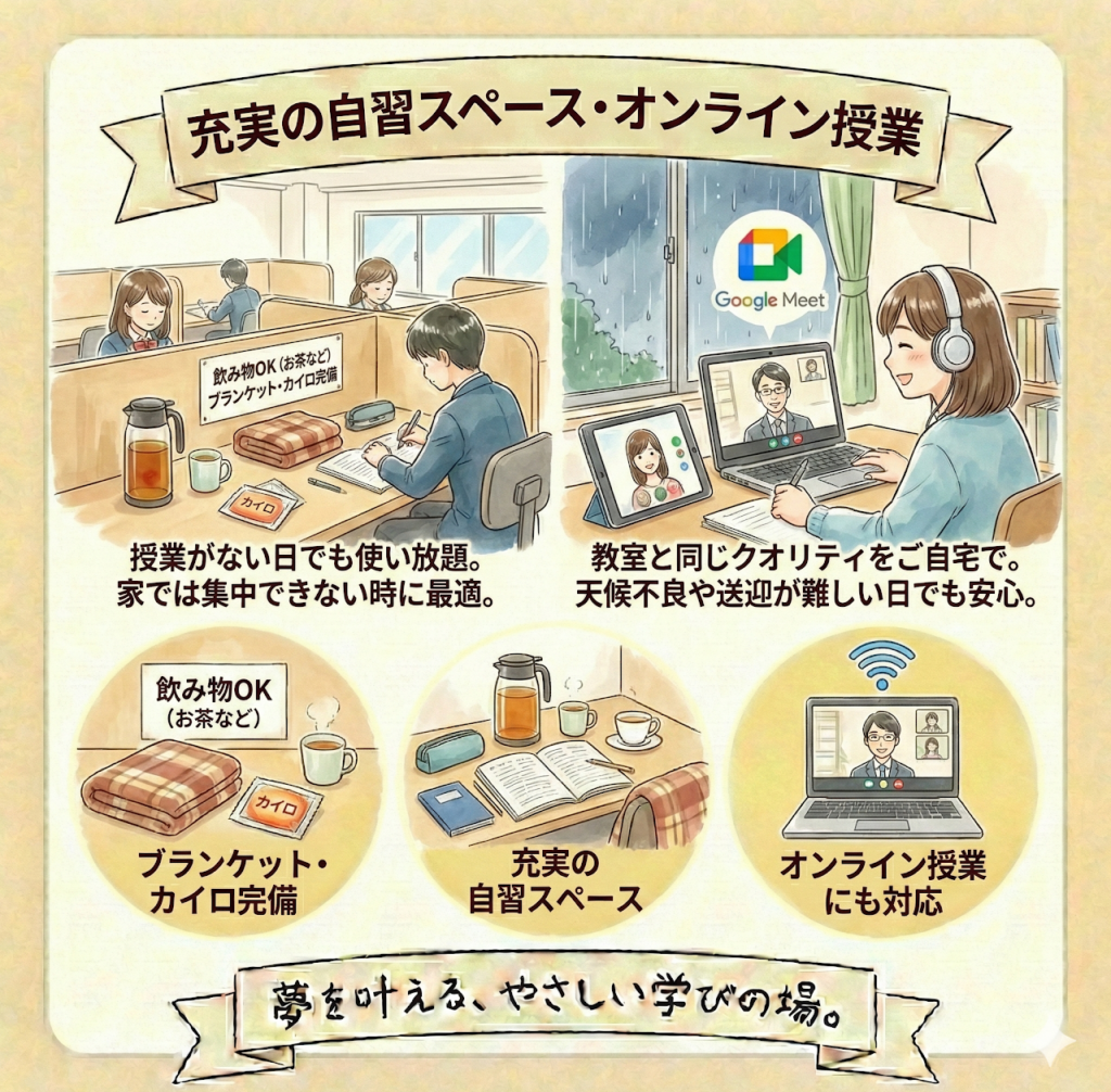 充実の自習スペース・オンライン授業